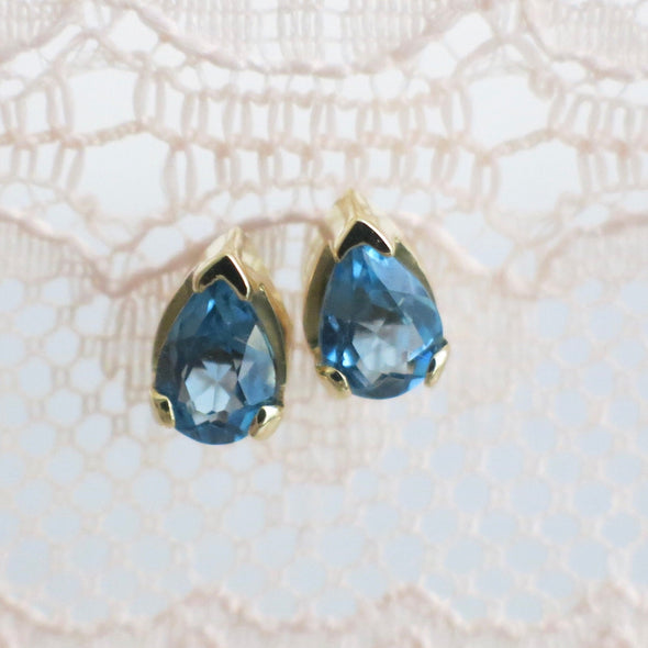 London Blue Topaz Earrings | 14K Yellow Gold Pear Cut Studs December Birthstone
