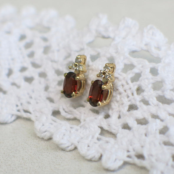 Vintage Garnet & Diamond Earrings | 14K Yellow Gold Studs January Birthstone