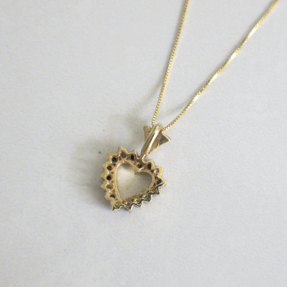 14K Gold Open Heart Pendant with Diamonds and Blue Sapphires | Vintage Necklace