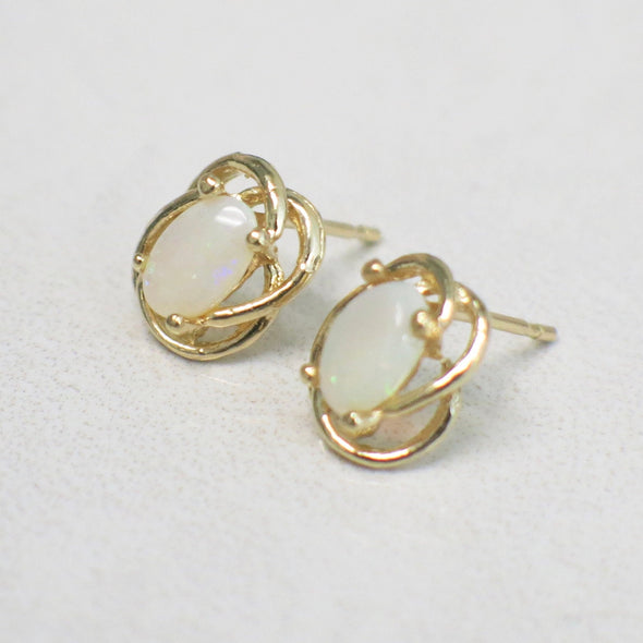 14K Yellow Gold White Opal Stud Earrings | Vintage Oval Cabochon Twist Design