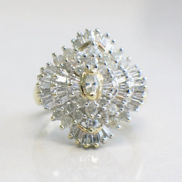 Diamond Cluster Cocktail Ring in 14K Yellow Gold – Marquise, Baguette & Round Diamonds, 1.16 CTW