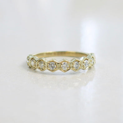 14K Yellow Gold Hexagon Diamond Wedding Band Stackable Geometric Ring 4mm