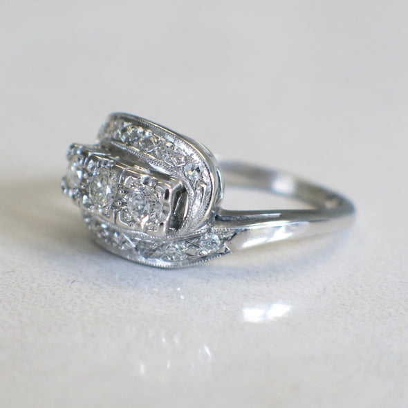Art Deco 14K White Gold Three Stone Diamond Ring | Vintage Milgrain Engagement or Cocktail Ring