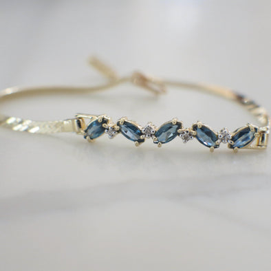 14K Yellow Gold Marquise Sapphire & Diamond Bracelet | Vintage Alternating Blue Gemstone Design 7 Inch