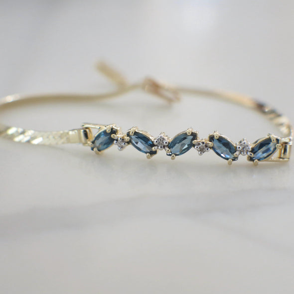 14K Yellow Gold Marquise Sapphire & Diamond Bracelet | Vintage Alternating Blue Gemstone Design 7 Inch