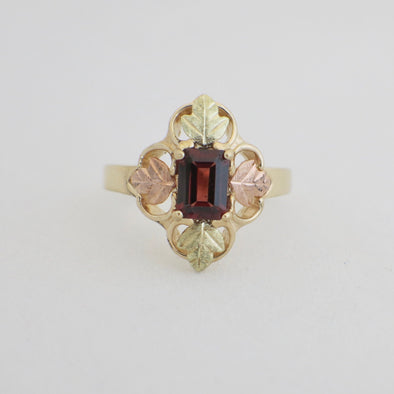 10K Gold Garnet Leaf Ring – Vintage Emerald Cut Garnet Size 7