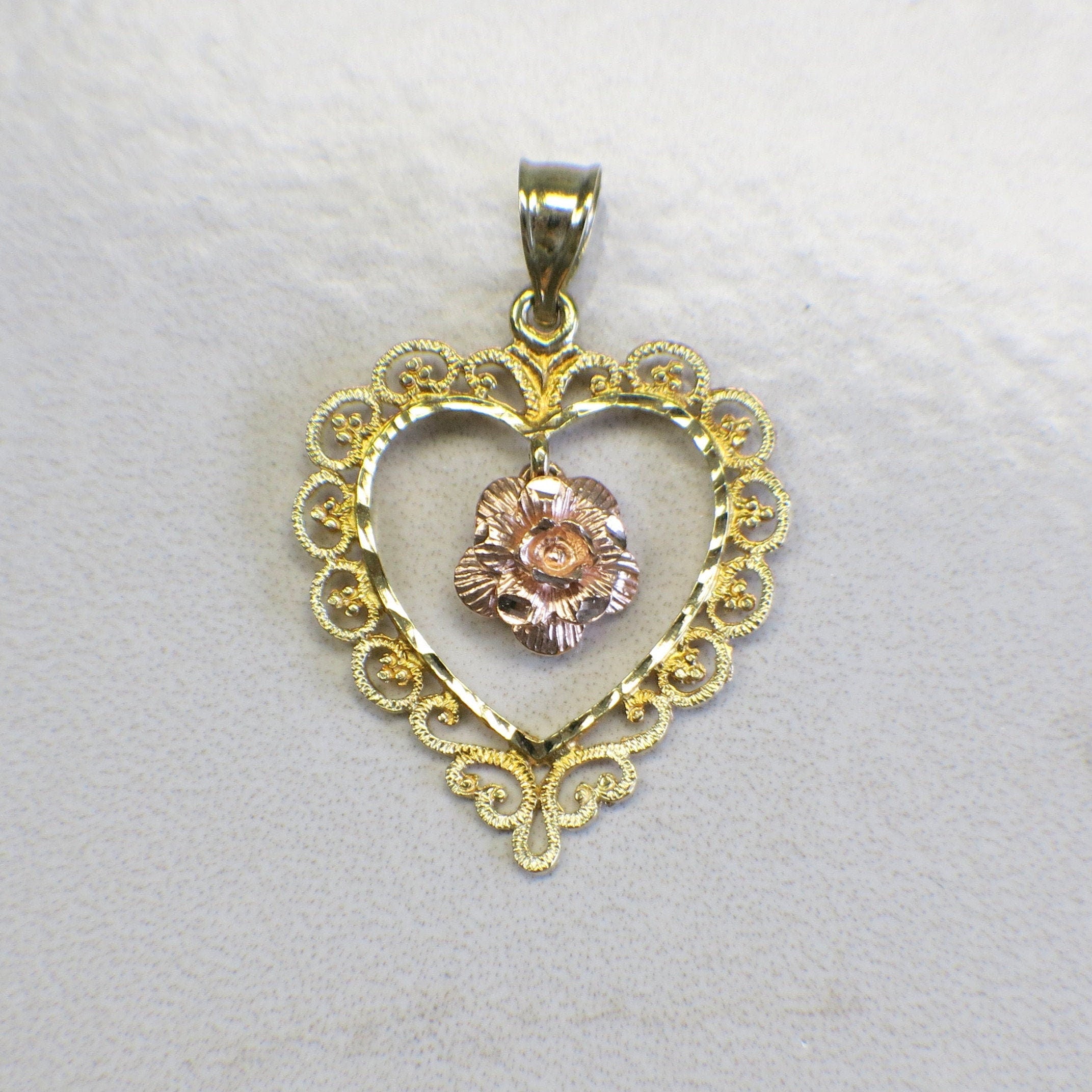 14K Gold Heart Pendant – Vintage Scroll Open Heart with Rose Center - Black Market LLC