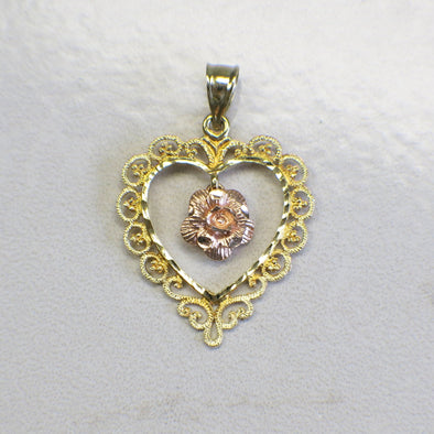 14K Gold Heart Pendant – Vintage Scroll Open Heart with Rose Center