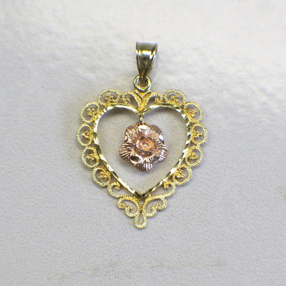 14K Gold Heart Pendant – Vintage Scroll Open Heart with Rose Center