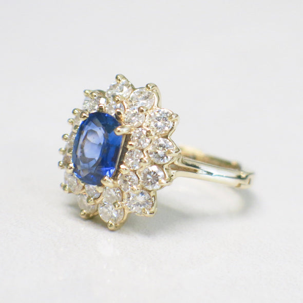 Oval Blue Sapphire Diamond Ring 14K Yellow Gold Double Halo Floral Design 1.8ct Sapphire 1.62ctw VS2-SI1 Size 5.5 Alternative Engagement