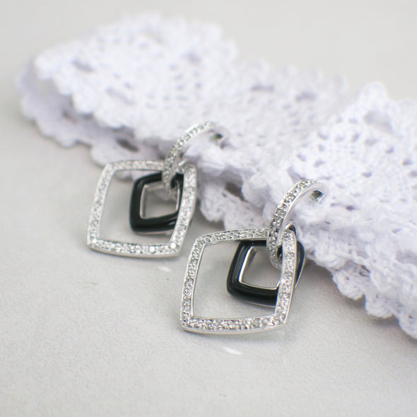 14K White Gold Black Enamel and Diamond Dangle Earrings | Milgrain Detail | Art Deco Style Drop Earrings | .16 CTW | Vintage Look