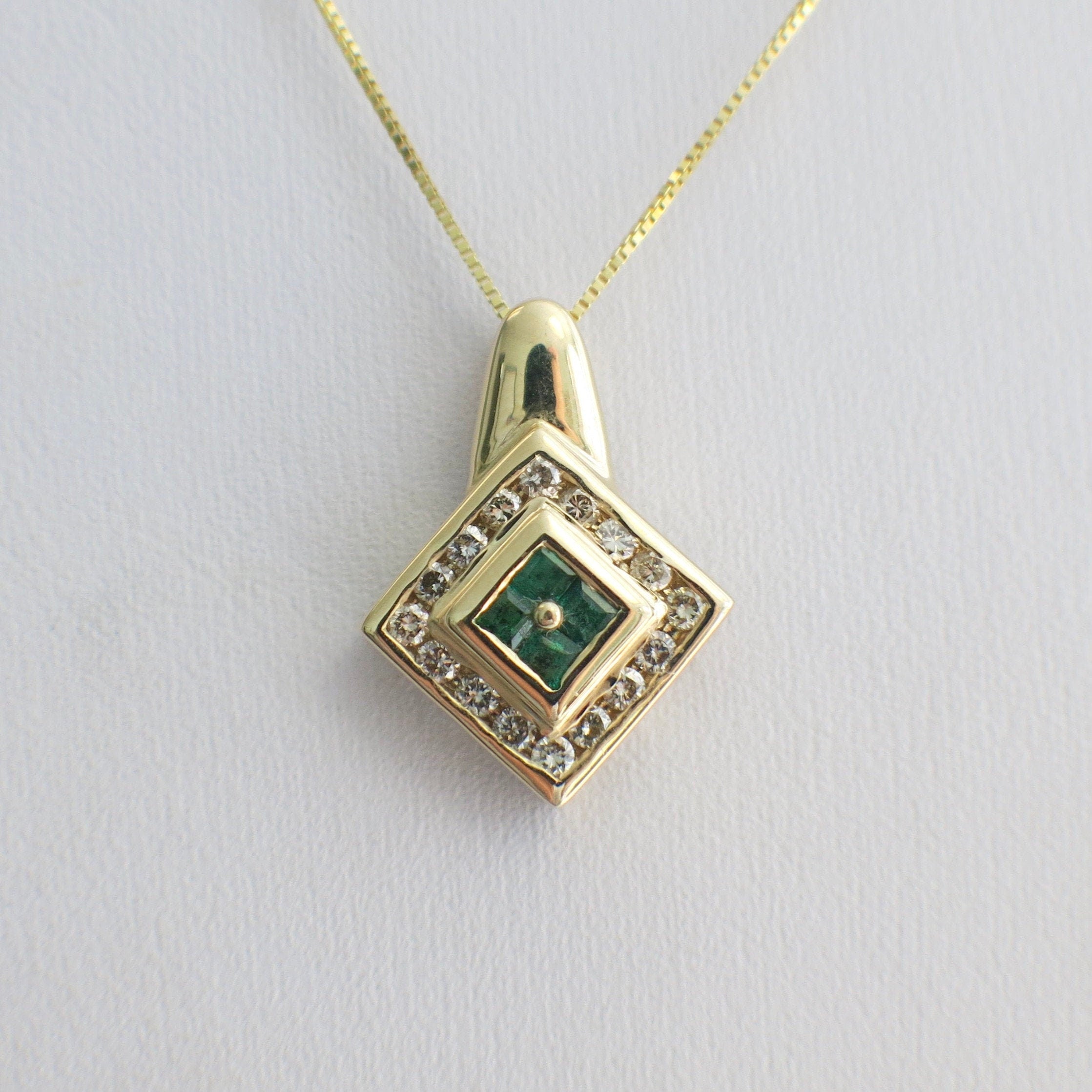 Emerald and Diamond Pendant Necklace – 14K Yellow Gold Square with 18" Box Chain - Black Market LLC