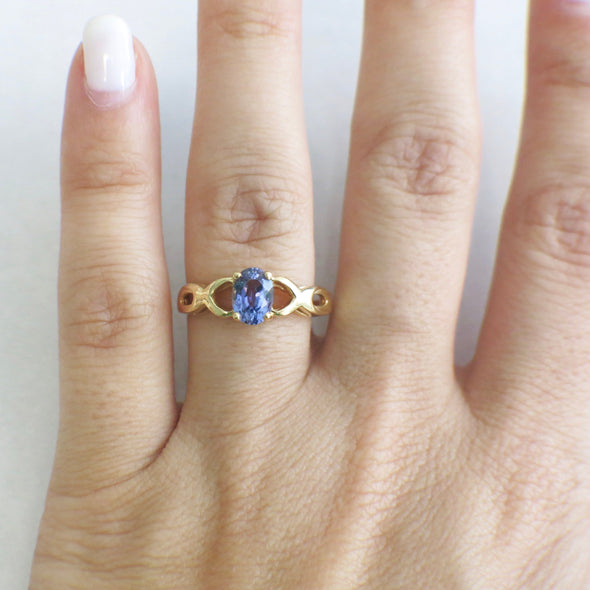 14K Yellow Gold Tanzanite Oval Ring Infinity Twist Band December Birthstone Jewelry