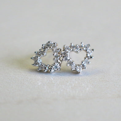 14K Gold Diamond Open Heart Earrings – White and Yellow Gold Studs