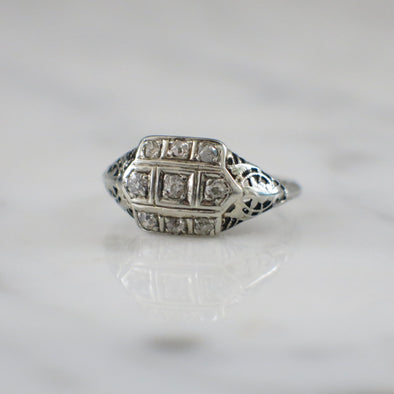 Art Deco Diamond Filigree Ring 14K White Gold Vintage Engagement .21 CTW