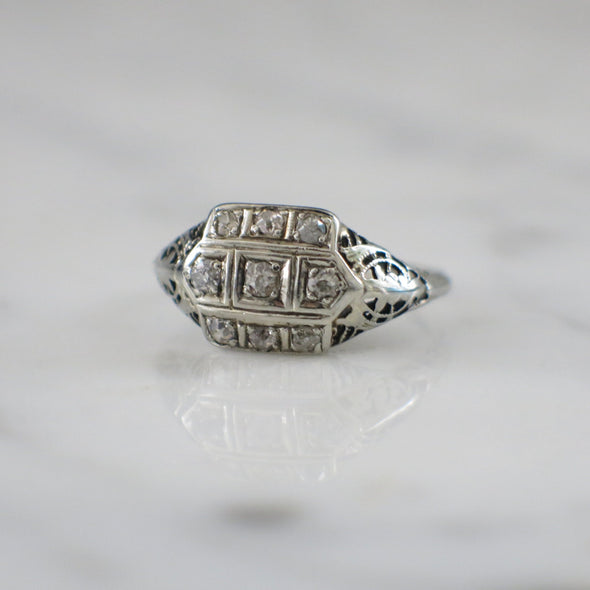Art Deco Diamond Filigree Ring 14K White Gold Vintage Engagement .21 CTW