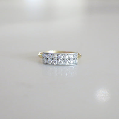 Art Deco Double Row Diamond Ring in 14K Yellow Gold and Platinum, Vintage Old European Cut Diamond Band