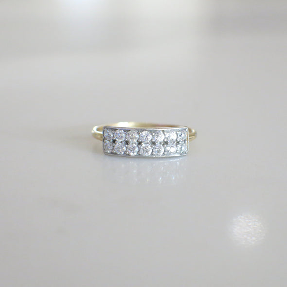 Art Deco Double Row Diamond Ring in 14K Yellow Gold and Platinum, Vintage Old European Cut Diamond Band