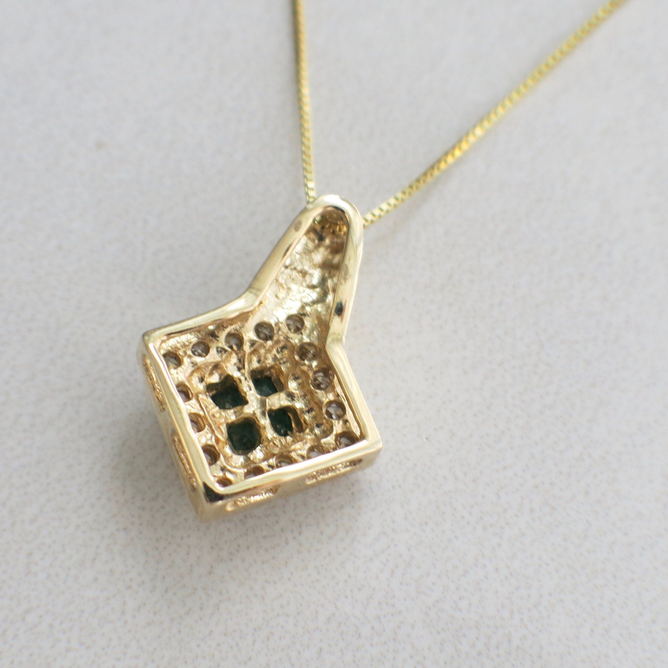 Emerald and Diamond Pendant Necklace – 14K Yellow Gold Square with 18" Box Chain - Black Market LLC
