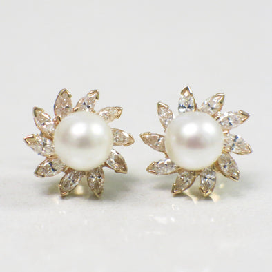 Marquise Diamond and Akoya Pearl Stud Earrings | 14K Yellow Gold | Floral Burst Earrings | Vintage Pearl Earrings | Diamond Petal Studs