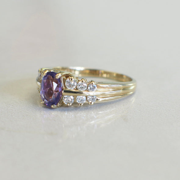 14K Yellow Gold Amethyst Ring with Diamond Accents | Oval Cut Cocktail Ring Size 6.5