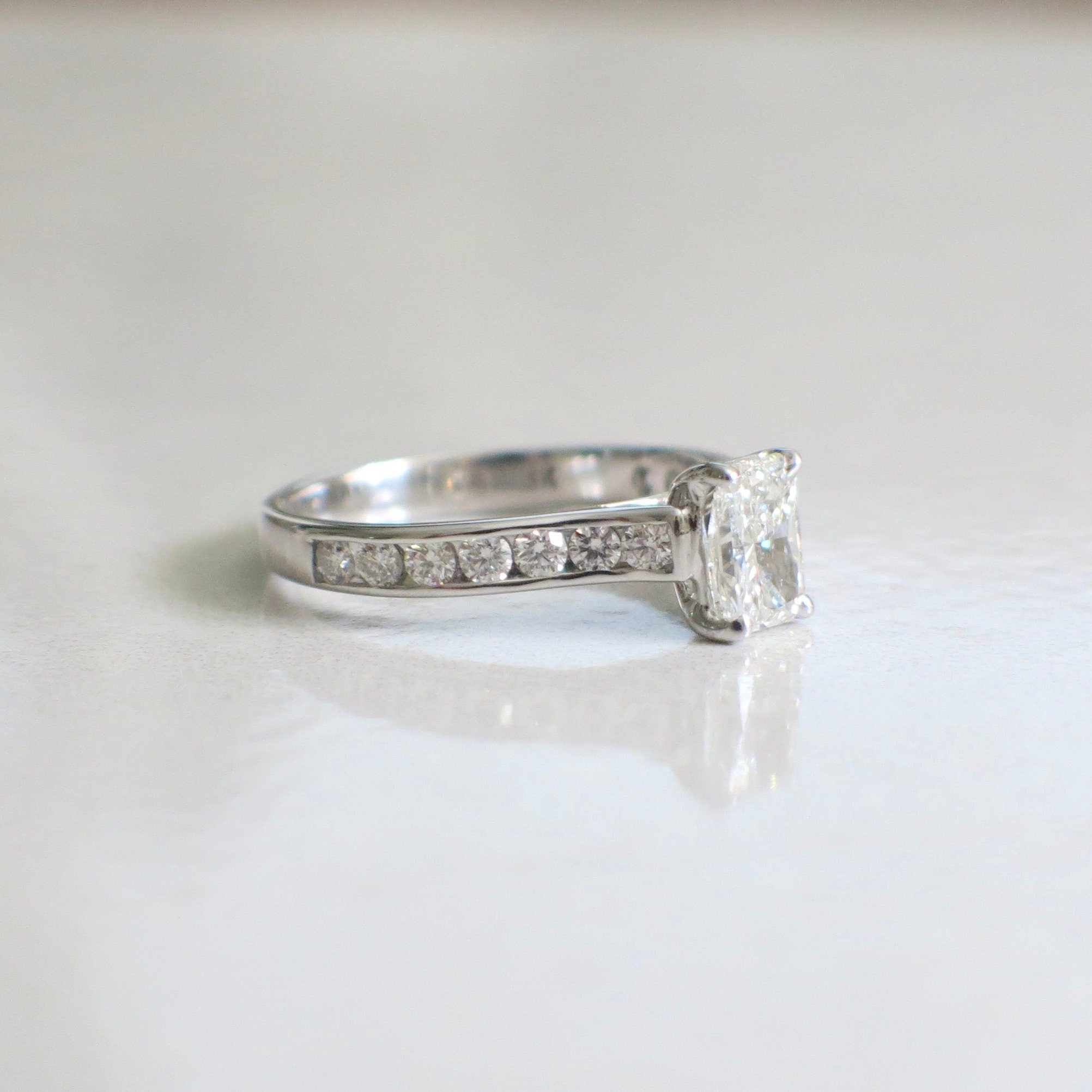 14K White Gold Radiant Cut Diamond Engagement Ring – 1.61 CTW, Channel Set Cathedral Style, Size 7.5 - Black Market LLC