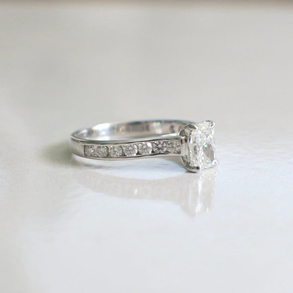 14K White Gold Radiant Cut Diamond Engagement Ring – 1.61 CTW, Channel Set Band, Cathedral Style, Size 7.5