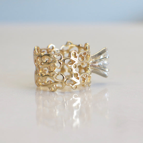 18K Yellow Gold Scroll Wide Band Ring – 1.00 CT Marquise Diamond Solitaire, Handmade Design, Size 7