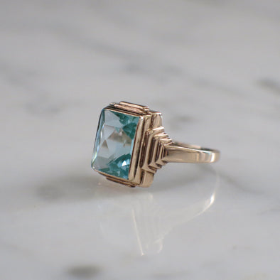 10K Gold Blue Spinel Ring – Vintage Emerald Cut Bezel Solitaire Size 7.25