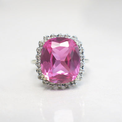 10K White Gold Synthetic Pink Sapphire Halo Diamond Ring Vintage Style
