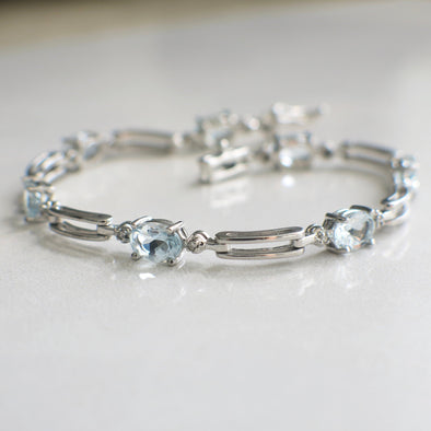 10K White Gold Light Blue Glass and Diamond Link Bracelet 7 Inch Oval Stones