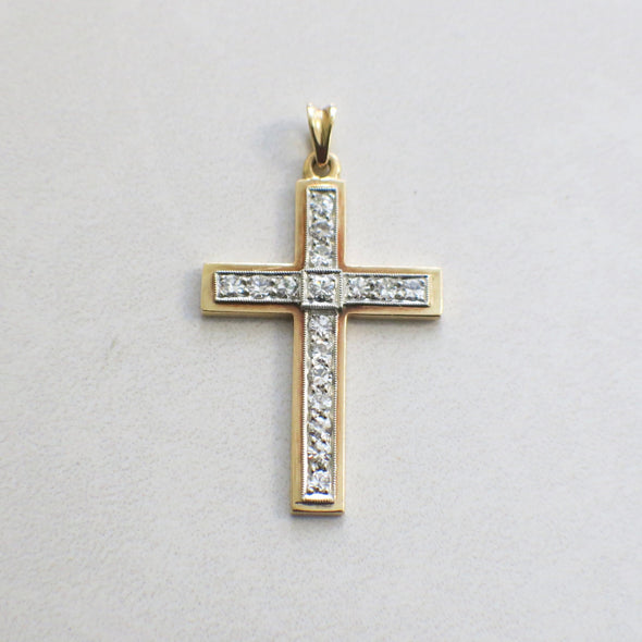18K Gold Diamond Cross Pendant – Vintage Two Tone Milgrain .85 CTW VS1 E-F, Yellow & White Gold, Religious Jewelry
