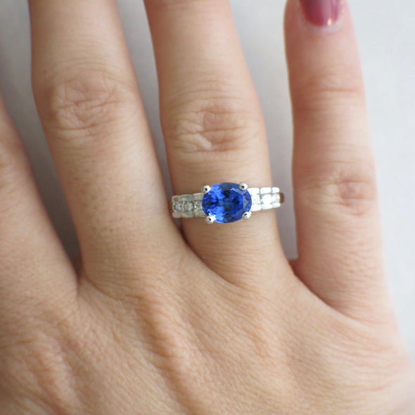 18K White Gold Oval Tanzanite Ring | East to West Setting | Diamond Accented Band | Violet Blue Gemstone Ring | Size 8.5 | Unique Gift