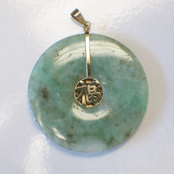 Large Green Jade Pendant with 14K Gold Floral Detail | Multicolor Jade Cabochons & Pink Sapphire