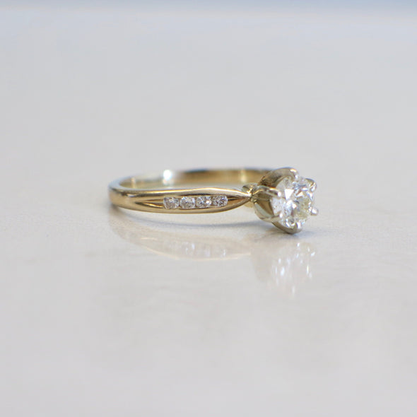14K Yellow Gold Diamond Engagement Ring with Channel Set Accents, Six Prong Solitaire Ring