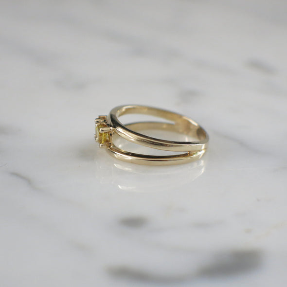 14K Yellow Gold Citrine Double Stone Ring Open Band Vintage November Birthstone Jewelry