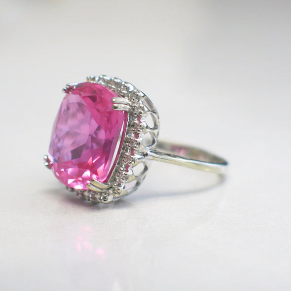 10K White Gold Synthetic Pink Sapphire Halo Diamond Ring Vintage Style