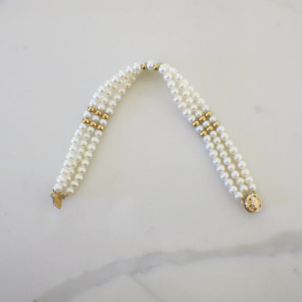 Three-Strand Pearl Bracelet | 14K Yellow Gold Beads & Filigree Clasp | 7 Inch