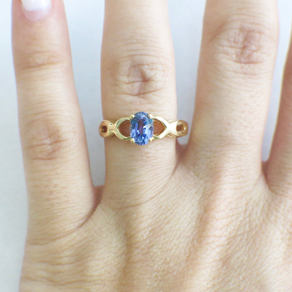 14K Yellow Gold Tanzanite Oval Ring Infinity Twist Band December Birthstone Jewelry