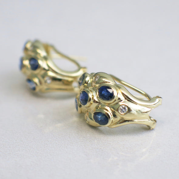 Vintage 14K Yellow Gold Sapphire and Diamond Earrings | Oval Sapphires | French Clip Backs | September Birthstone Gift