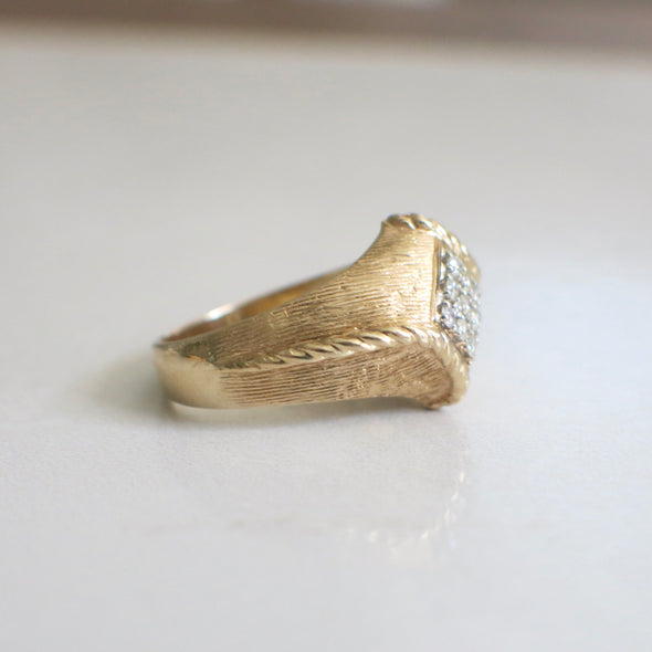 Vintage 14K Yellow Gold Men's Diamond Ring with Braided Rope Detail, Brushed Textured Band