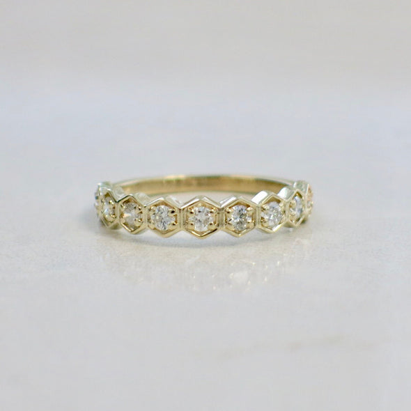 14K Yellow Gold Hexagon Diamond Wedding Band Stackable Geometric Ring 4mm