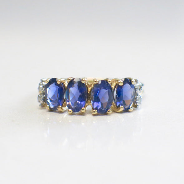 10K Gold Tanzanite and Diamond Ring Oval Four Stone Band Size 6.75