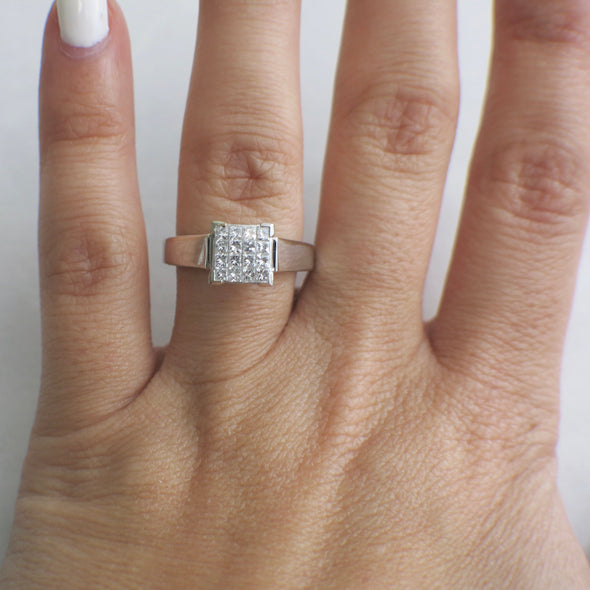 14K White Gold Princess Cut Diamond Cluster Ring Invisible Setting .50 CTW