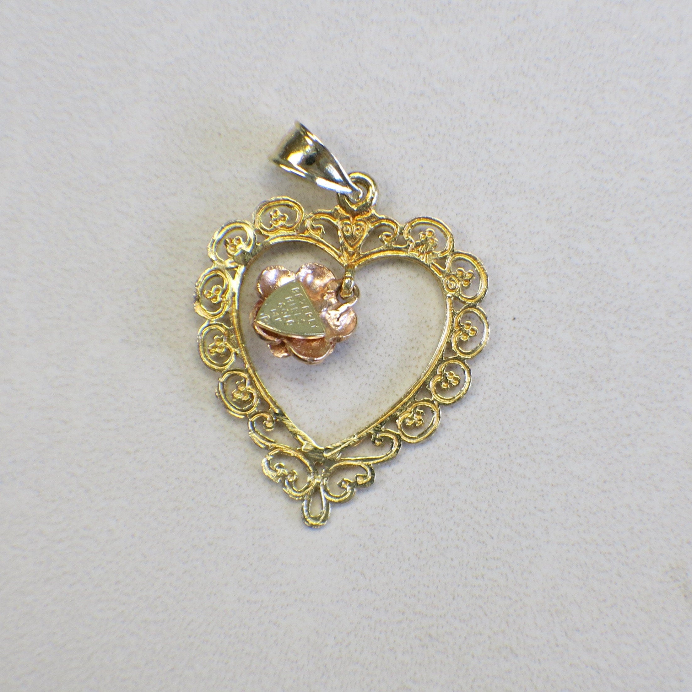 14K Gold Heart Pendant – Vintage Scroll Open Heart with Rose Center - Black Market LLC