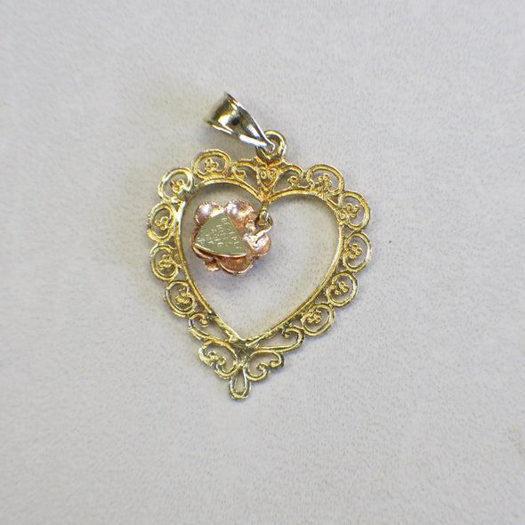 14K Gold Heart Pendant – Vintage Scroll Open Heart with Rose Center