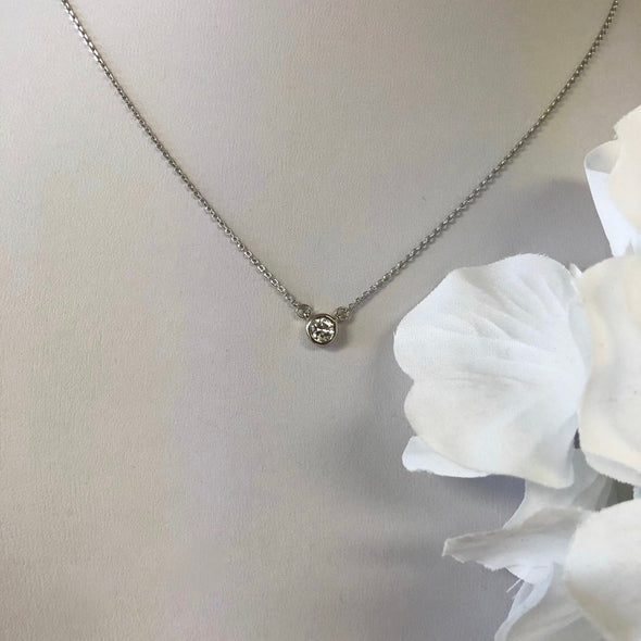 14K Gold Diamond Bezel Necklace – Custom Solitaire Pendant 16 or 18 Inch
