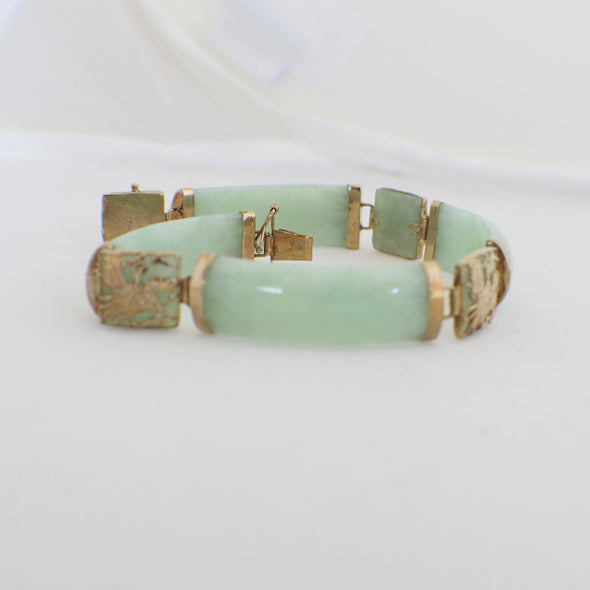 Vintage Jade Bracelet | 14K Yellow Gold Chinese Symbol Bar & Panel Design 7 Inch