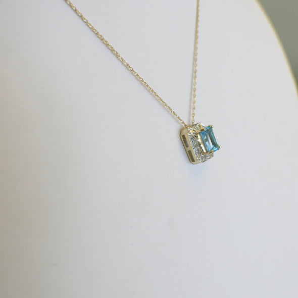10K Gold Swiss Blue Topaz Necklace with Diamond Halo Pendant 18 Inch