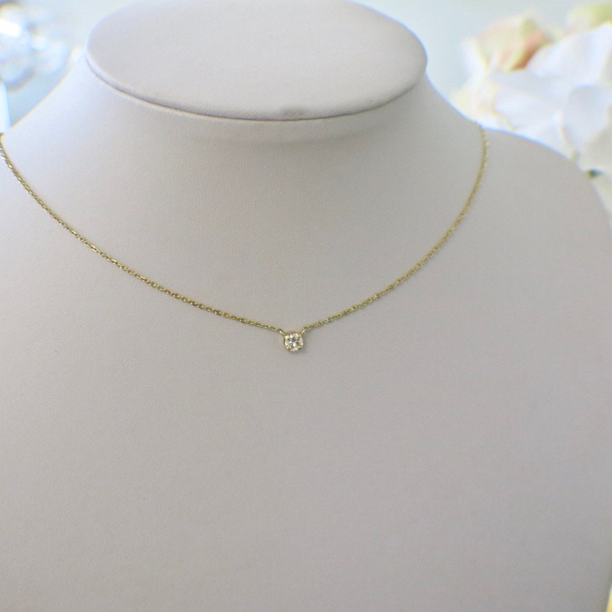 14K Gold Diamond Solitaire Necklace | Round Brilliant Pendant 16 or 18 Inch - Black Market LLC